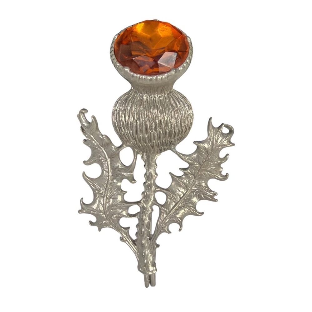 Miracle Scottish Thistle Kilt Brooch Pin Silver Tone Amber Citrine Glass Stone